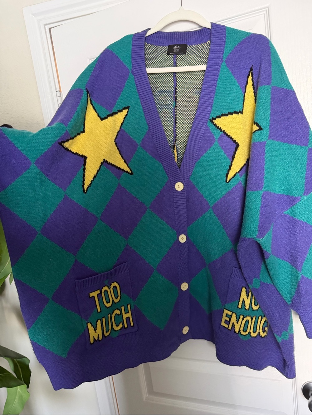 Dressed in LALA Oversized Blue & Teal Argyle Cardigan with Yellow Stars